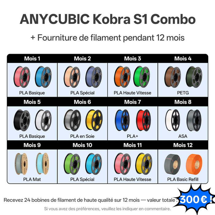Anycubic Kobra S1 Combo – 24 bobines de filament avec livraison gratuite